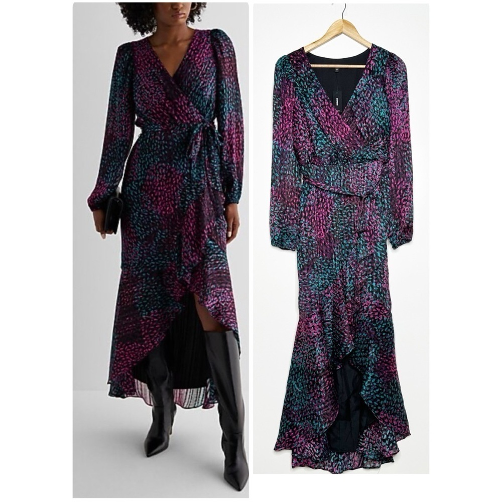 Express NWT Printed Long Sleeve Surplice Faux Wrap Hi Low Maxi Dress Medium
